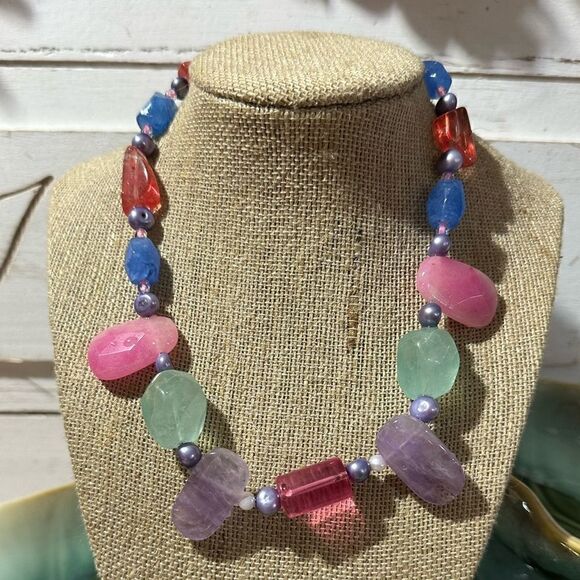 Handcrafted Natural Gemstone & Artisan Glass Bead Necklace One of a Kind 14” - Picture 2 of 4